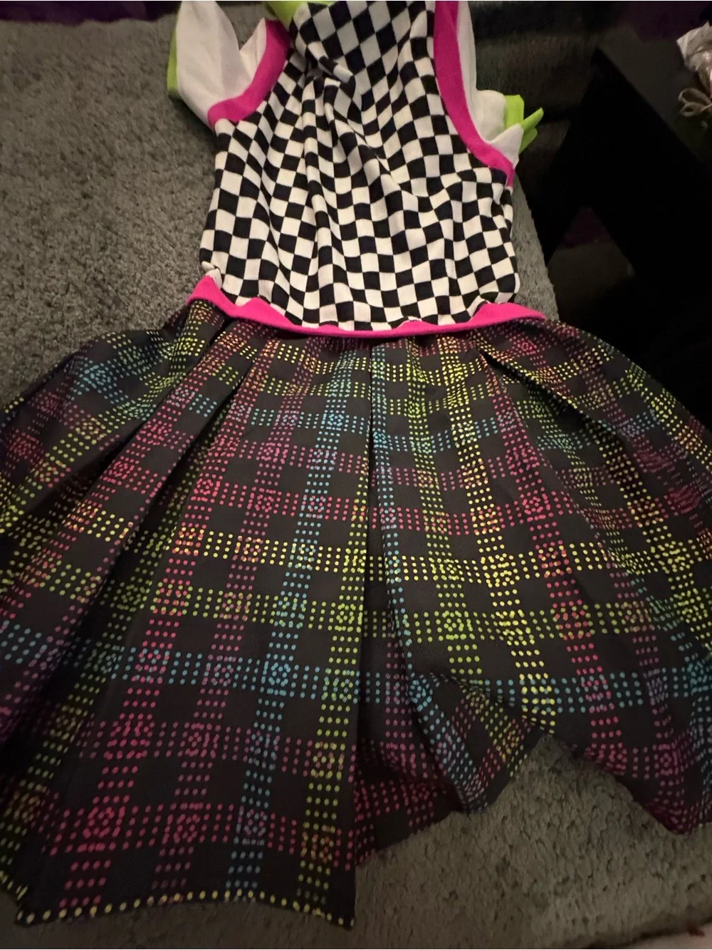 Black & White Checker Knit Vest dress with Neon Pink Trim and Lime Green Buttons